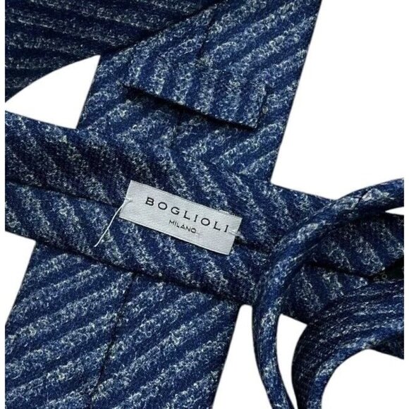 BOGLIOLI Men's Wool Silk Necktie LUXURY Tie Blue Striped W:3.1" EUC - Picture 2 of 5